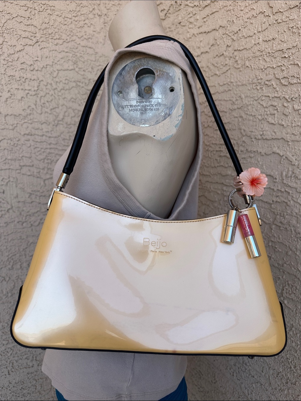 Beijo Cream Patent Shoulder Bag with Black Strap Flower Clip & Lip Gloss Charm
